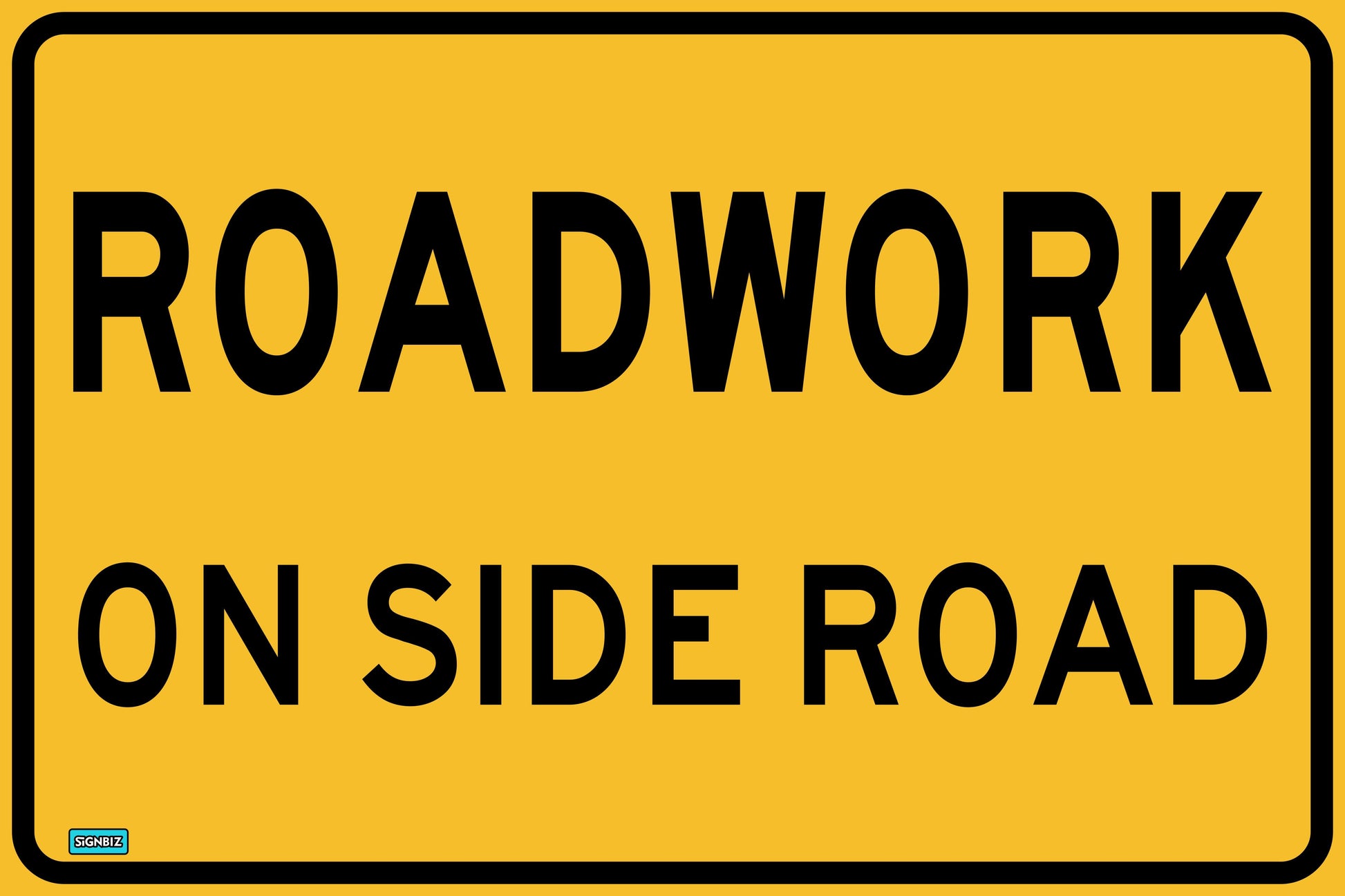 A yellow rectangular "SWING STAND SIGN ONLY - ROADWORK ON SIDE ROAD" road sign with black text.