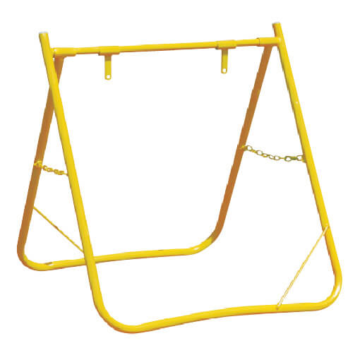 The SWING STAND - FRAME ONLY is a yellow metal swing frame with two side supports, secure chains, and horizontal bars at the top and bottom. Its powder-coated design ensures sturdy ground placement.