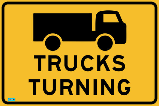 A SWING STAND SIGN ONLY - TRUCKS TURNING PICTO features a yellow background with a black truck silhouette above bold, black “TRUCKS TURNING” text.