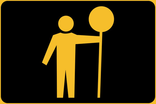 The SWING STAND SIGN ONLY - TRAFFIC CONTROLLER NIGHT features a yellow pictogram of a person standing and holding a round sign on a pole, set against a black background with a yellow border.