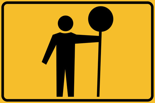 A black silhouette of a person holding a round sign appears on the yellow rectangular SWING STAND SIGN ONLY - TRAFFIC CONTROLLER, commonly used for roadwork or traffic control, with a black border.