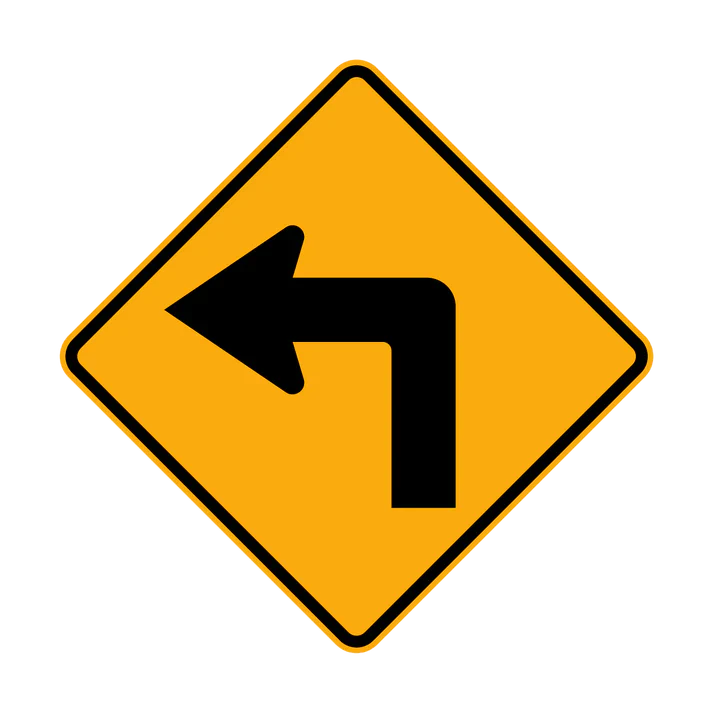 The W1-1(L) - Turn Left (Symbolic) sign is a yellow diamond-shaped road sign with a thick black arrow turning sharply left, indicating a sharp left turn ahead.