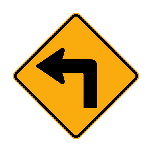 The W1-1(L) - Turn Left (Symbolic) sign is a yellow diamond-shaped road sign with a thick black arrow turning sharply left, indicating a sharp left turn ahead.