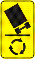 A yellow warning sign for the W1-205n Tilting Truck (symbolic) at Roundabout features a tipping cart above three circular arrows, indicating a tip-over risk and the need to reset or right the vehicle.