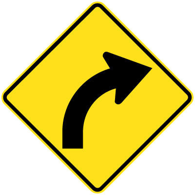 The W1-3(R) - Curve (Right Symbolic) sign is a yellow, diamond-shaped road sign featuring a black arrow that alerts drivers to an upcoming right curve.