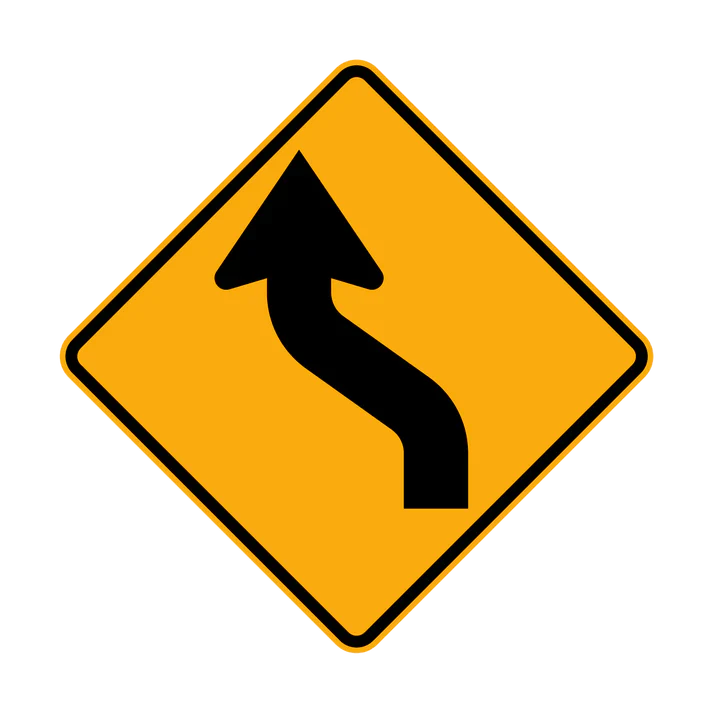 The W1-4(L) - Reverse Curve (Left Symbolic) is a yellow diamond-shaped traffic sign with a black arrow indicating a leftward reverse curve ahead.