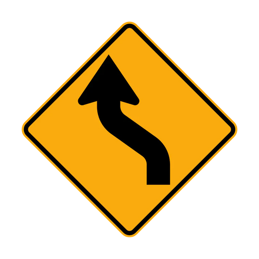 The W1-4(L) - Reverse Curve (Left Symbolic) is a yellow diamond-shaped traffic sign with a black arrow indicating a leftward reverse curve ahead.