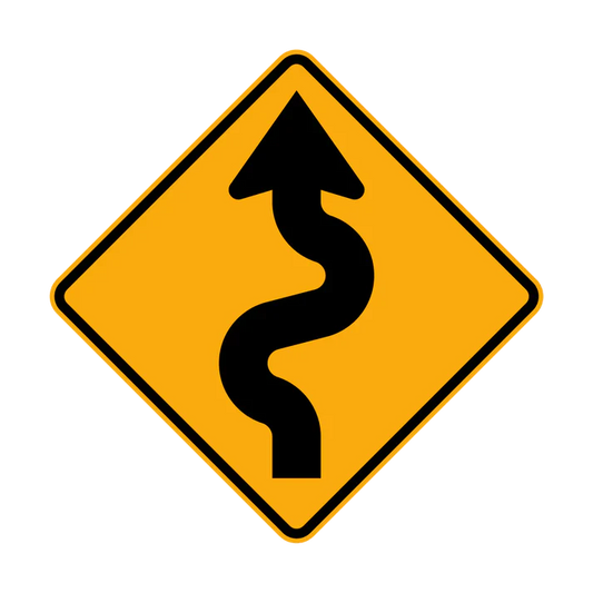 The W1-5(L) - Winding Road (Left Symbolic) sign is a yellow diamond-shaped road sign featuring a black winding arrow pointing left, indicating a winding road ahead.