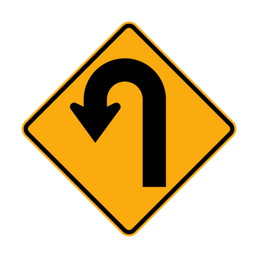 A yellow diamond-shaped W1-7(L) road sign with a thick black arrow curving sharply left, symbolizing a left hairpin bend ahead.