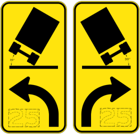 The W1-8-2 Tilting Truck (Symbolic) with Curve (W1-3 Symbolic) & Speed sign shows a truck tipping left or right with curved arrows and "25," warning drivers of a 25 mph suggested speed limit on sharp curves.