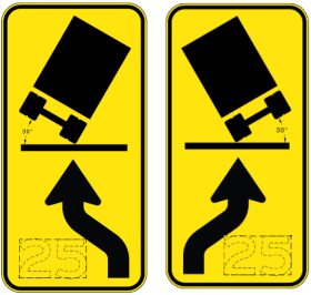 W1-8-4 Tilting Truck (Symbolic) with Reverse Curve (W1-4 Symbolic) & Speed sign shows a tipped truck on a curve and the number 25, indicating trucks should take the upcoming curves at 25 mph for safety.