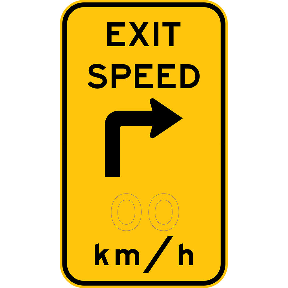 W1-9-3 Exit Speed x km/hr with turn symbol (L or R)