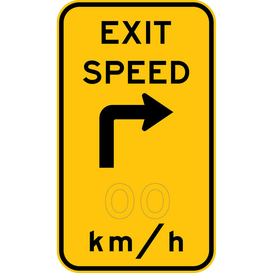 W1-9-3 Exit Speed x km/hr with turn symbol (L or R)