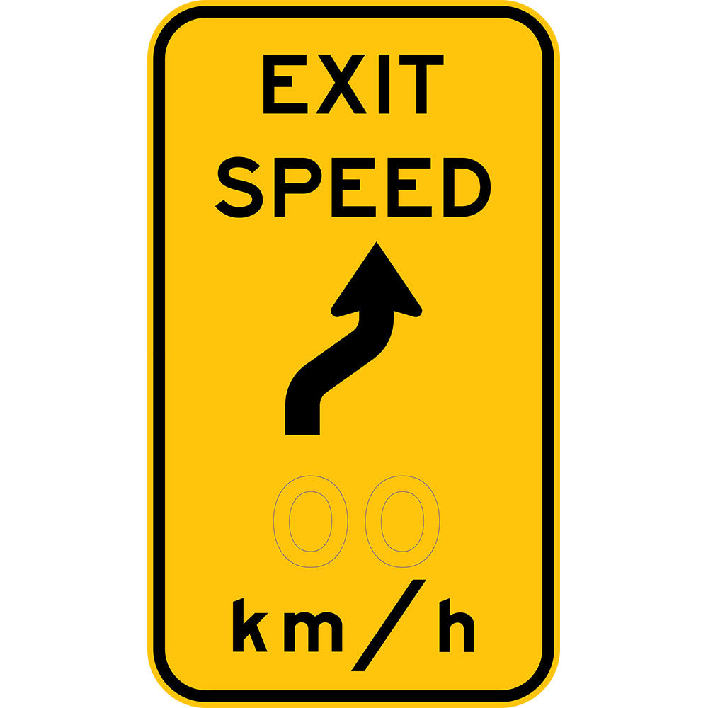 The W1-9-4 Exit Speed x km/hr sign features a reverse turn symbol (left or right) and displays the exit speed limit for a ramp.