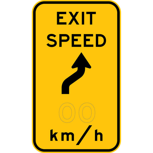 The W1-9-4 Exit Speed x km/hr sign features a reverse turn symbol (left or right) and displays the exit speed limit for a ramp.