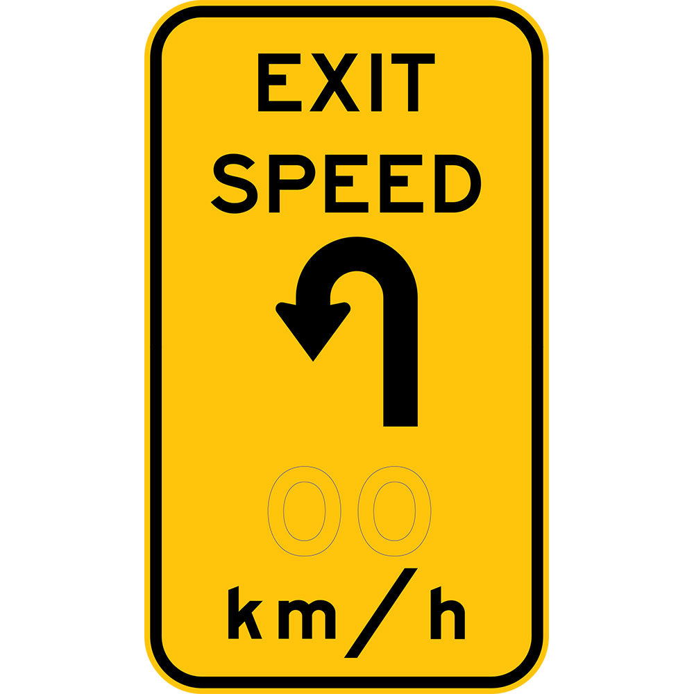 W1-9-5 Exit Speed x km/hr with hairpin bend symbol (L or R)
