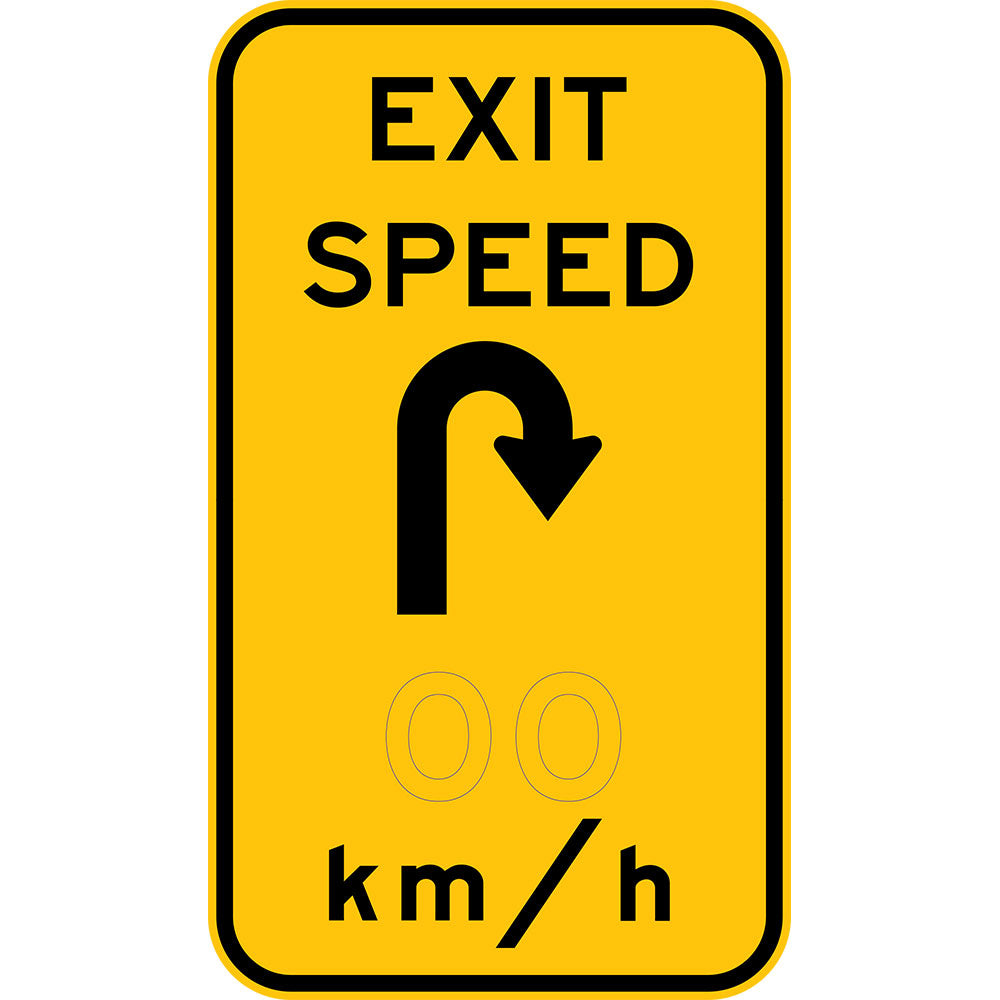 W1-9-5 Exit Speed x km/hr with hairpin bend symbol (L or R)