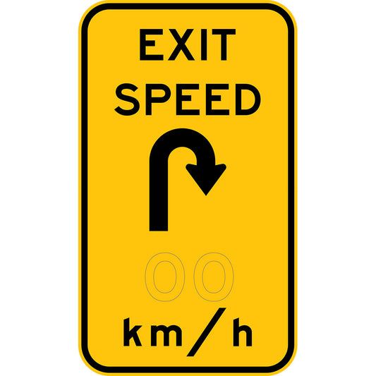 W1-9-5 Exit Speed x km/hr with hairpin bend symbol (L or R)