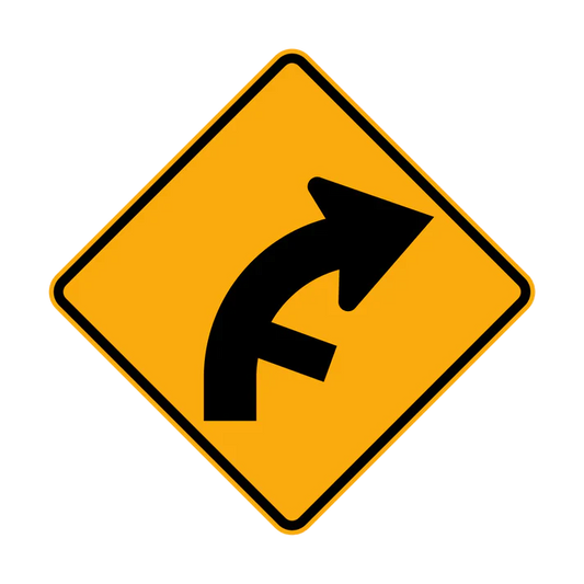 The W2-10(R) sign is a yellow diamond with a black arrow showing a right curve and a side road merging from the left.