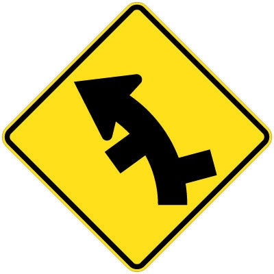 The W2-11(L) sign features a yellow diamond shape with a bold black arrow, indicating successive side road intersections on a left curve.