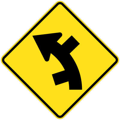The W2-12(L) sign is a yellow diamond-shaped road sign with a black leftward merging arrow, used to indicate successive side road intersections on a curve to the left.