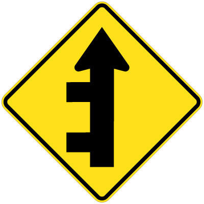 The W2-13(L) traffic sign is yellow and diamond-shaped, featuring a black upward arrow with three short lines merging from the left, indicating successive side road intersections on a straight main road ahead.