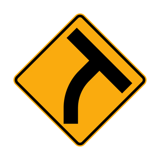 The W2-14(R) T-Intersection beyond a Curve (Right Symbolic) sign is a yellow diamond with a black symbol, warning of a T-intersection ahead where the road curves left and another road joins from the right.