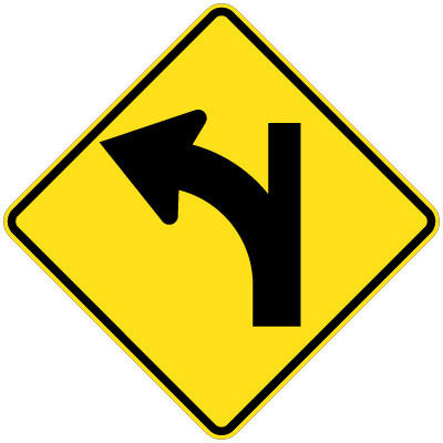 A yellow diamond W2-16(L) sign shows a black left curve with a side road on straight alignment (Left Symbolic), indicating a side road intersection on a curve ahead.