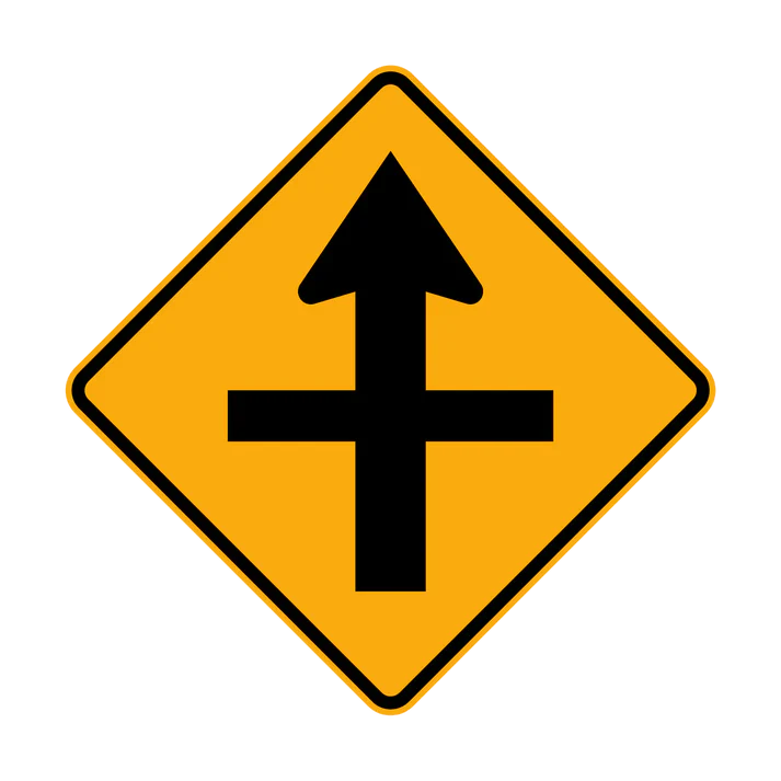 The W2-1 - Cross Road (symbolic) sign is a yellow diamond with a black upward arrow above a horizontal line, warning of an upcoming intersection or crossroad.