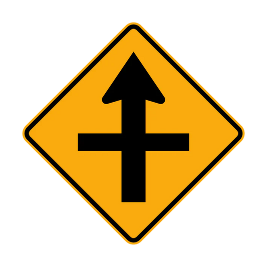 The W2-1 - Cross Road (symbolic) sign is a yellow diamond with a black upward arrow above a horizontal line, warning of an upcoming intersection or crossroad.