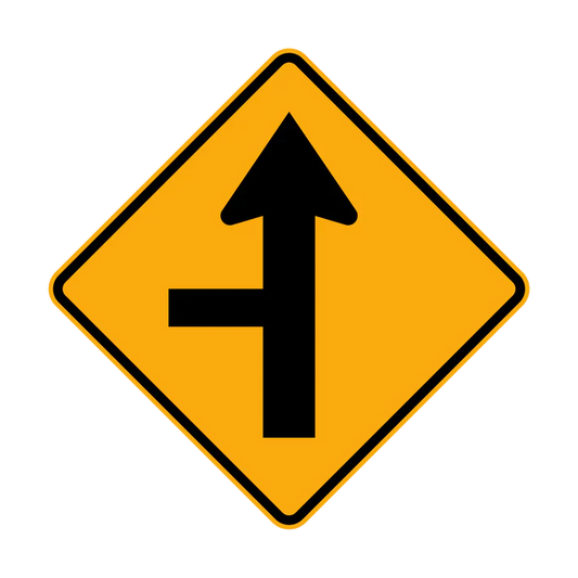 The W2-4(L) - Side Road Intersection on Straight (Left Symbolic) sign is a yellow diamond with a black arrow pointing straight and a perpendicular line joining from the left, indicating a side road enters from the left ahead.