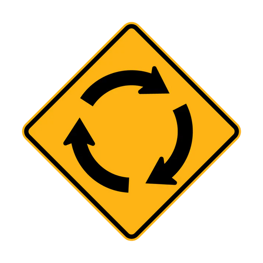 W2-7 - Roundabout (symbolic) sign: Yellow diamond with three black arrows in a circular pattern, indicating a roundabout ahead.