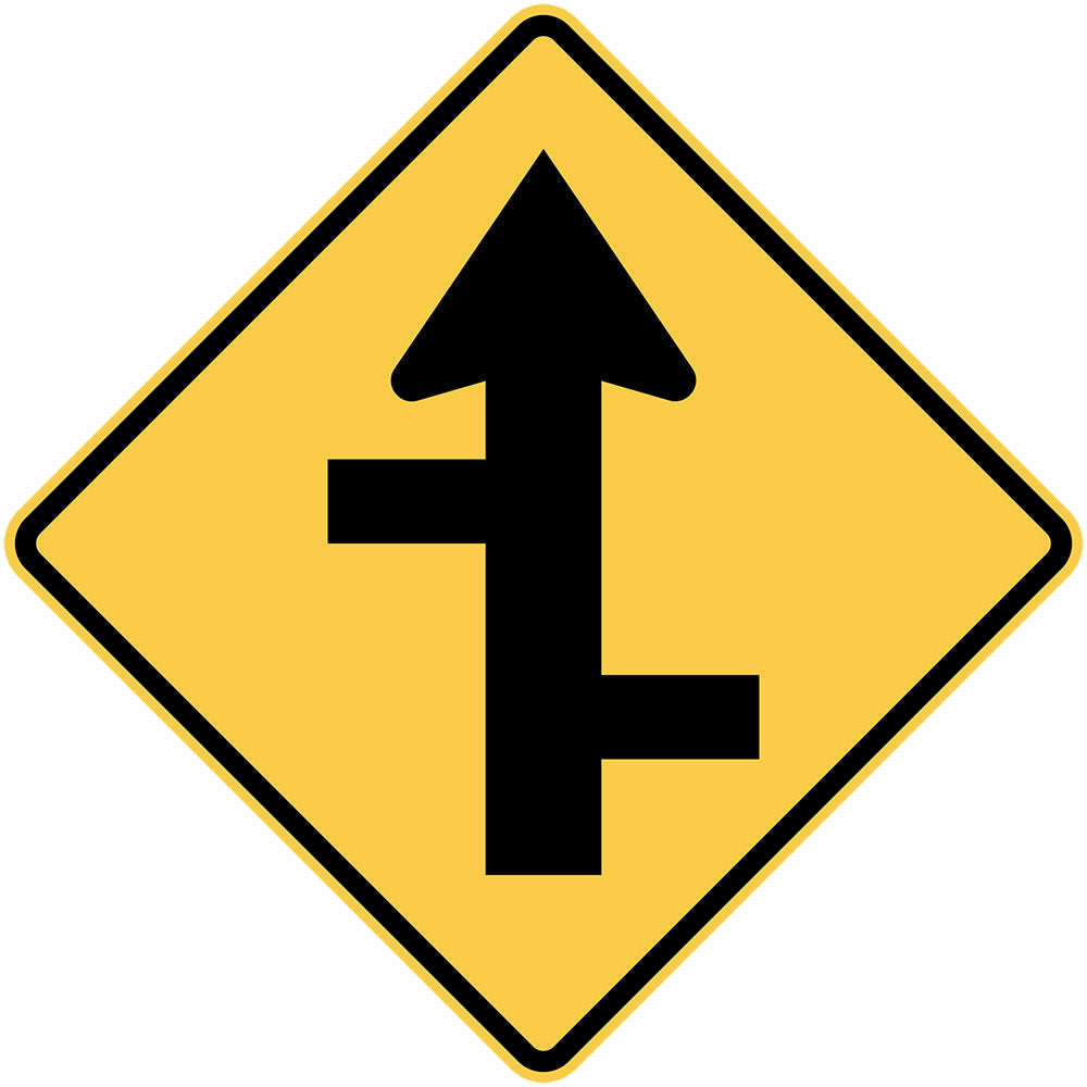 The W2-8(R) sign is a yellow diamond with a black arrow and two staggered lines, indicating right-side symbolic junctions where side roads enter from both left and right.