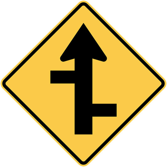 The W2-8(R) sign is a yellow diamond with a black arrow and two staggered lines, indicating right-side symbolic junctions where side roads enter from both left and right.