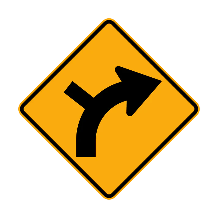 The W2-9(R) Side Road Intersection on a Curve - Outside (Right Symbolic) sign is a yellow diamond featuring a black right curve arrow with a side road joining from the left.