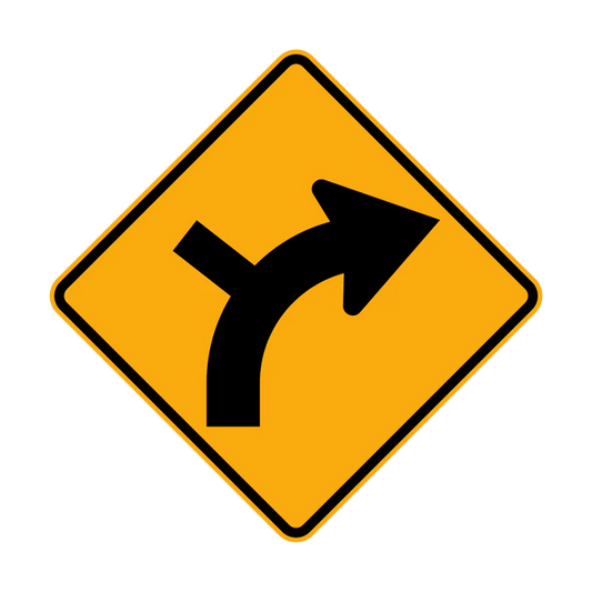 The W2-9(R) Side Road Intersection on a Curve - Outside (Right Symbolic) sign is a yellow diamond featuring a black right curve arrow with a side road joining from the left.