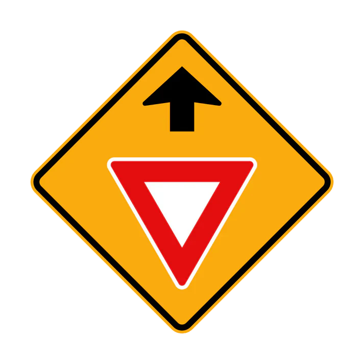 The W3-2 - Give Way Sign Ahead (symbolic) features a yellow diamond with a black upward arrow above a red and white yield symbol, warning drivers to prepare to yield ahead.