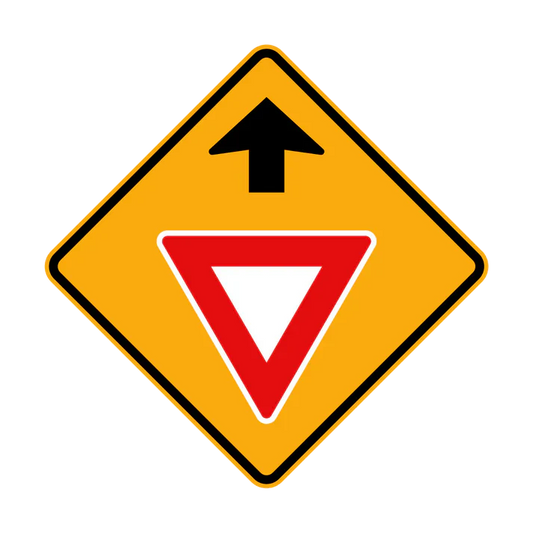 The W3-2 - Give Way Sign Ahead (symbolic) features a yellow diamond with a black upward arrow above a red and white yield symbol, warning drivers to prepare to yield ahead.