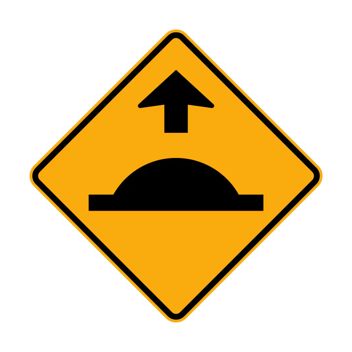 The W3-4 - Road Humps Ahead (symbolic) sign is a yellow diamond-shaped road sign with a black raised bump and upward arrow symbol, warning drivers of speed humps ahead.