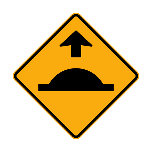 The W3-4 - Road Humps Ahead (symbolic) sign is a yellow diamond-shaped road sign with a black raised bump and upward arrow symbol, warning drivers of speed humps ahead.