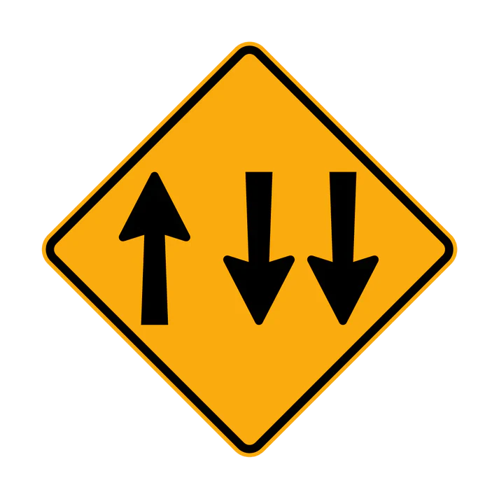 The W4-10 - Lane Allocation Two Lanes On Right (symbolic) is a yellow diamond sign with one black upward arrow on the left and two black downward arrows on the right, showing opposing traffic with more lanes in one direction.