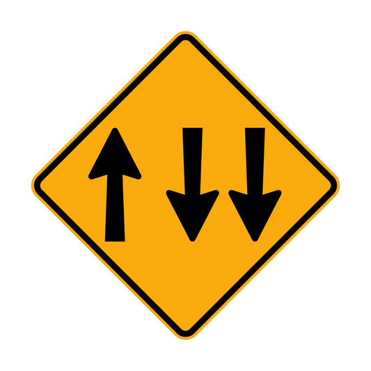 The W4-10 - Lane Allocation Two Lanes On Right (symbolic) is a yellow diamond sign with one black upward arrow on the left and two black downward arrows on the right, showing opposing traffic with more lanes in one direction.