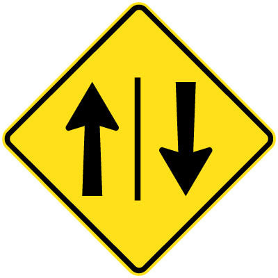 The W4-208n - One Lane Each Direction (Symbolic) sign is a yellow diamond-shaped traffic sign with a vertical black line, an upward arrow on the left, and a downward arrow on the right, indicating two-way traffic.