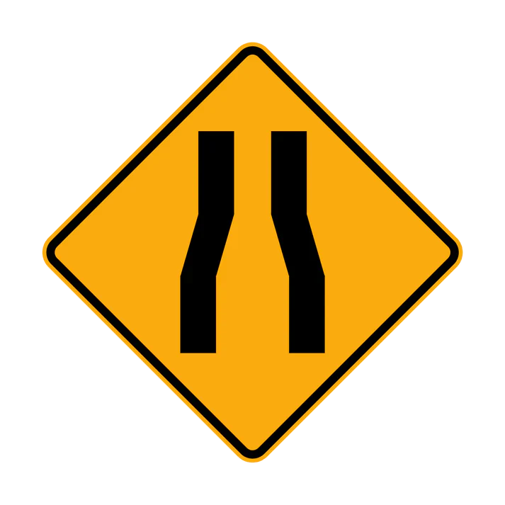The W4-3 - Road Narrows (symbolic) sign is a yellow diamond-shaped road sign featuring two vertical black lines bending inward, indicating that the road ahead narrows.