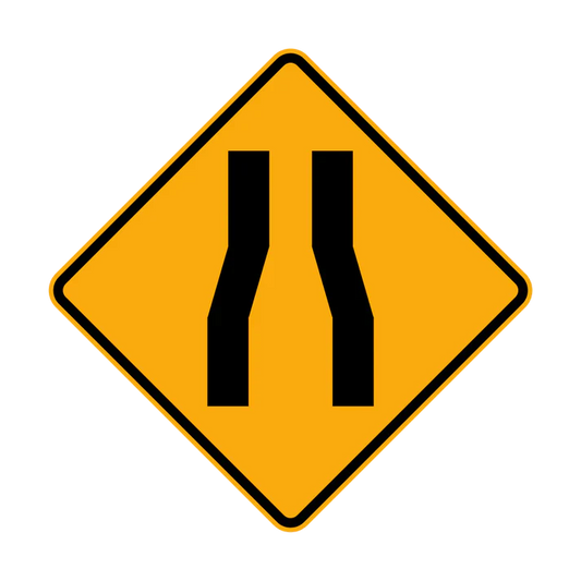 The W4-3 - Road Narrows (symbolic) sign is a yellow diamond-shaped road sign featuring two vertical black lines bending inward, indicating that the road ahead narrows.