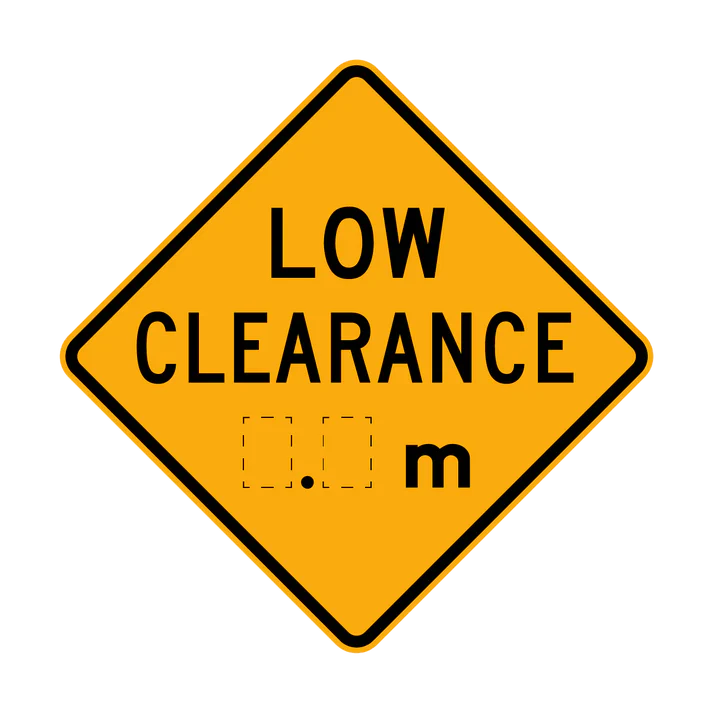 A yellow diamond-shaped W4-8 Low Clearance X.X(m) road sign features black text reading "LOW CLEARANCE" with a blank space before "m" to indicate the missing clearance height in meters.