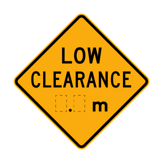 A yellow diamond-shaped W4-8 Low Clearance X.X(m) road sign features black text reading "LOW CLEARANCE" with a blank space before "m" to indicate the missing clearance height in meters.