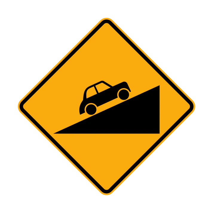 The W5-13 - Steep Climb (Symbolic) sign is a yellow diamond with a black border, depicting a car ascending a steep slope to warn drivers of an upcoming steep grade.