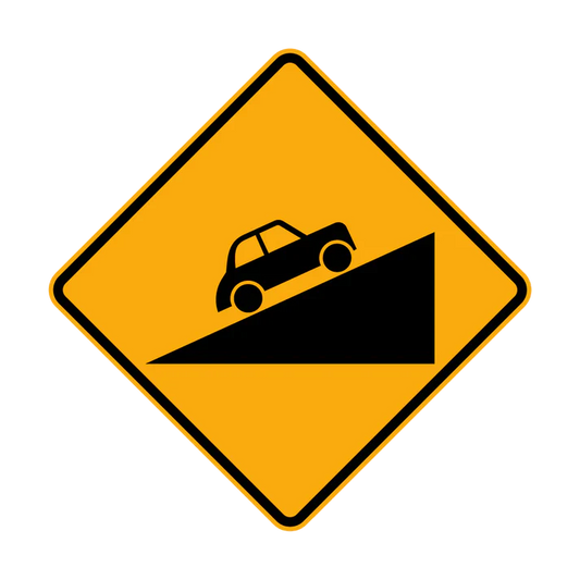 The W5-13 - Steep Climb (Symbolic) sign is a yellow diamond with a black border, depicting a car ascending a steep slope to warn drivers of an upcoming steep grade.