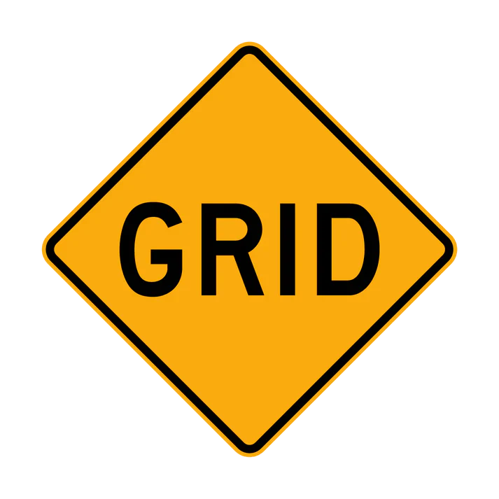 The W5-16 - Grid sign is a yellow diamond-shaped road sign with the word "GRID" in bold black capital letters centered on it.